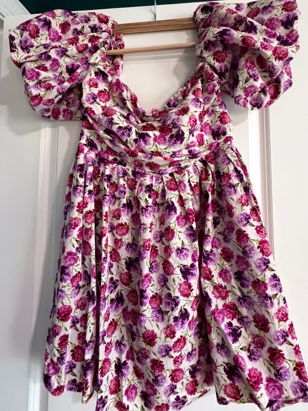 Zara Women Floral Puff-Sleeve Dress - Pink & Purple on Cream